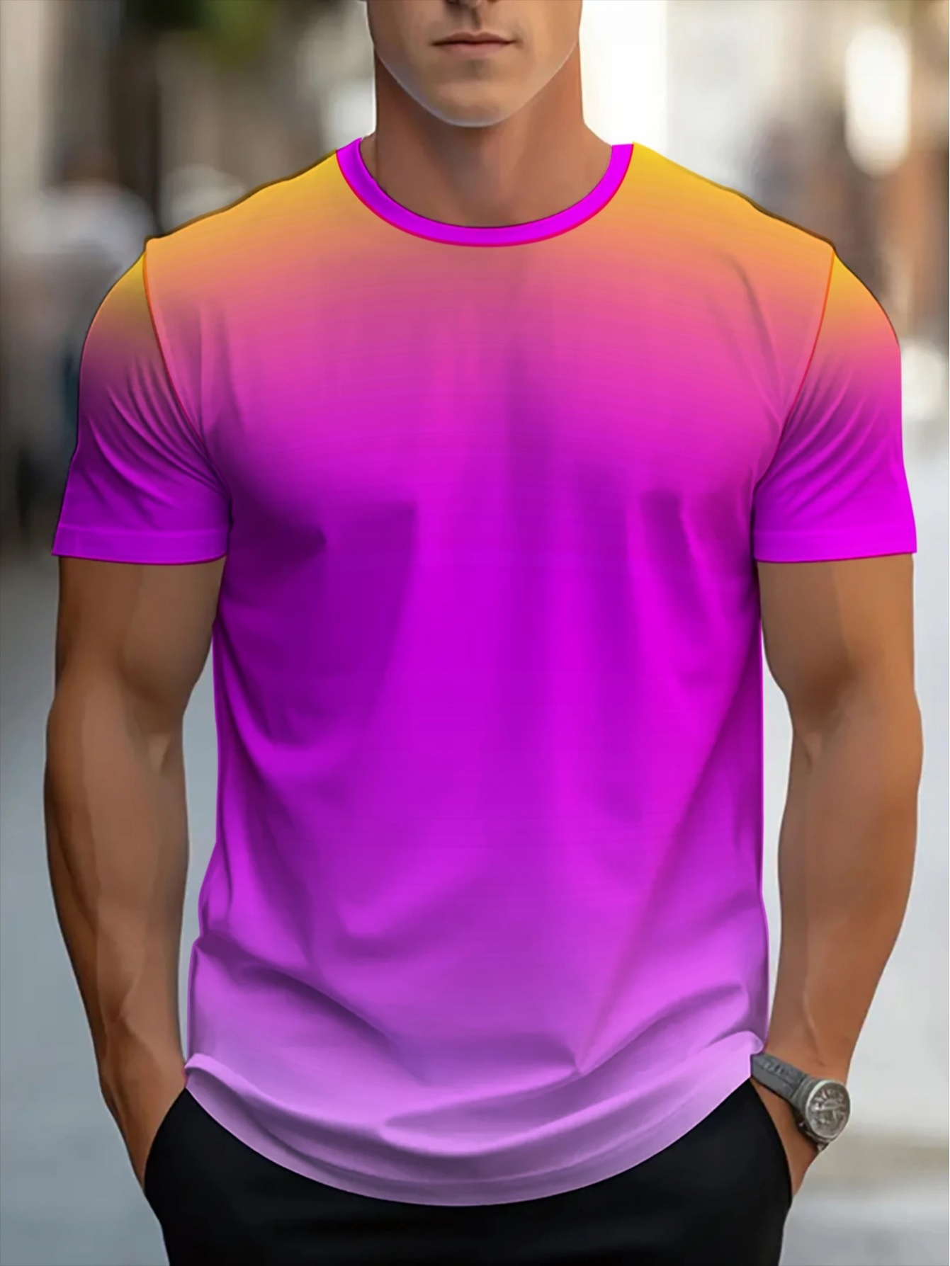 T Shirt Dry Fit - 오렌지 마젠타 그라데이션 크루넥 스포츠 티셔츠